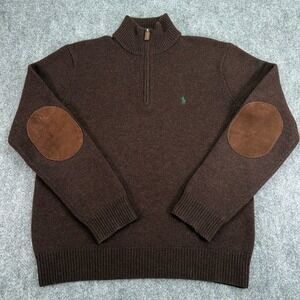 Polo Ralph Lauren Sweater Mens Large Brown 1/4 Zip 100% Lambswool Elbow Patches